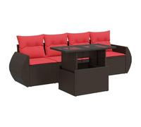 vidaXL Juego Sofá Jardín 5 Piezas con Cojines Marrón Poli Ratán Acacia, Juego de sofás de Exterior, Juego de salón de jardín, Juego de sofás de ratán sintético