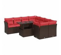vidaXL Juego Sofá Jardín 9 Piezas con Cojines Marrón Poli Ratán Acacia, Juego de sofás de Exterior, Juego de salón de jardín, Juego de sofás de ratán sintético