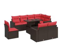 vidaXL Juego Sofá Jardín 9 Piezas con Cojines Marrón Poli Ratán Acacia, Juego de sofás de Exterior, Juego de salón de jardín, Juego de sofás de ratán sintético