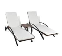 vidaXL Juego Tumbonas Jardín con Mesita Cojín Blanco Ratán Sintético Marrón