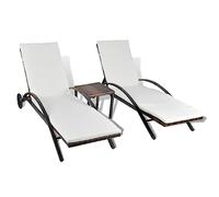 vidaXL Juego Tumbonas Jardín con Mesita Cojín Blanco Ratán Sintético Marrón