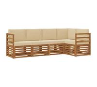 vidaXL Juegos de sofás 5 pcs Natural y Beige Madera de Acacia Sólida, Sofá Seccional para Jardín, Muebles Modernos al Aire Libre, Conjunto Resistente para Patio, Asientos Cómodos