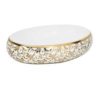 vidaXL Lavabo sobre Encimera Ovalado, Lavamanos de Tocador, Lavabo de Fregadero, Lavamanos sobre Encimera para Baño Aseo, Cerámica Blanco Dorado