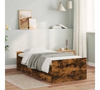 vidaXL Marco de cama de roble ahumado con cajones de almacenamiento, somier individual de madera de ingeniería con listones de madera contrachapada para dormitorio, 90 x 200 cm (colchón no incluido)