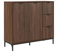 vidaXL Mesa de comedor moderna rectangular en color marrón roble con puertas con bisagras de madera de ingeniería, medidas 89,5 x 33 x 82 cm. Tiene niveladores ajustables y mucho espacio de