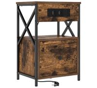 vidaXL Mesa de Noche de Roble Ahumado, Hecha de Madera de ingeniería, Medidas 40 x 31 x 60 cm. Es una mesita Moderna y Rectangular con un cajón y Patas de Acero Negro. Incluye estación de Carga y Tie