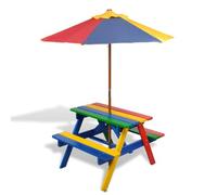 Mesa De Picnic Y Bancos De Niños Y Sombrilla Madera Multicolor Vidaxl