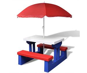 vidaXL Mesa de Picnic y Bancos para niños y sombrilla Multicolor