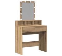 vidaXL Tocador tradicional con espejo y luces LED | Diseño de madera maciza de roble Decoración elegante para dormitorio Dos cajones estantes flotantes para maquillaje y cuidado