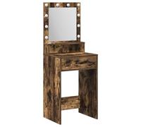 vidaXL Mueble de tocador de madera maciza de roble ahumado con espejo, tocador independiente con cajones, luces de Hollywood, 50 x 41 x 135 cm
