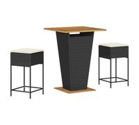 vidaXL Mesa y taburetes altos jardín 3 piezas y cojines ratán PE negro, mesa alta y taburetes de exterior, juego de bar, juego de muebles