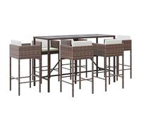 vidaXL Mesa y taburetes altos de jardín 7 pzas con cojines, ratán PE marrón