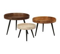vidaXL Mesas de Redondas 3 uds, Mesa Auxiliar con Patas de Acero, Mesita de Sofá para Salón, Estilo , Madera de Mango