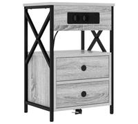 vidaXL Mesita de noche gris Sonoma de Madera Ingenierizada y Acero de 40 x 31 x 60 cm Es moderna, tiene una estación de carga y un cajón para guardar cosas.Con patas negras, es perfecta para
