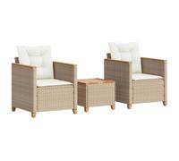 vidaXL Mesita y sillas con Cojines 3 pzas ratán PE Madera Acacia Beige