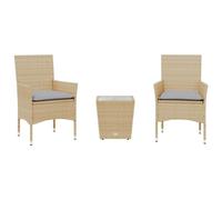vidaXL Mesita y sillas con Cojines 3 pzas ratán sintético Vidrio Beige, Muebles de Exterior, Juego de Muebles de jardín, Mesa y sillas de bistró