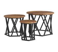 vidaXL Juego de 3 mesas de café redondas rústicas, madera maciza y metal, color marrón, muebles de salón para interiores, diseño anidable que ahorra espacio