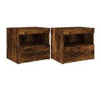 vidaXL Mesitas de Noche con Luces LED 2 uds, Mesas Auxiliares de Almacenaje, Soportes para Teléfono, Armarios Mesillas de Dormitorio, Roble Ahumado