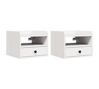 vidaXL Mesitas de Noche de Madera de Pino Sólido en Blanco - Set de 2, Montadas en la Pared, Compactas con Cajón y Estante, Solo para Interiores, Diseño Rectangular Texturizado, Fáciles de Limpiar, Me