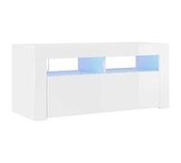 vidaXL Mueble de TV con Luces LED, Blanco Alto Brillo, 90x35x40 cm, Madera de ingeniería, Soporte para televisores hasta 40", Mueble bajo con estantes, Consola Moderna para salón