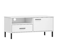vidaXL Mueble de TV con Patas de Metal Oslo Madera Maciza Pino Blanco, Soporte de TV, Armario Auxiliar, Armario para Equipos de música, Armario de TV