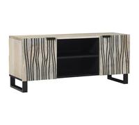vidaXL Mueble de TV en Blanco y Negro, de Madera Natural con Patas de Metal, 105 x 33,5 x 46 cm. Resistente a la decoloración, Hecho de Mango sólido. Ideal para el Entretenimiento en Interiores, per