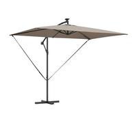 vidaXL Paraguas Cantilever Taupe de con luces LED solares, estructura de acero recubierto de polvo, medidas 294 x 200 x 254 cm. Resistente al viento, manivela inclinable ajustable y ventilación para