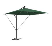 vidaXL Paraguas cantilever Verde 2.49m x 2.5m de acero pintado, poliéster, solar LED, con inclinación ajustable y cuerdas de protección contra el viento. Base cruzada de antracita y manivela de bloqu