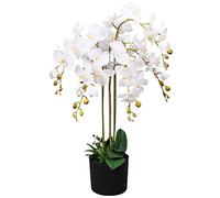 vidaXL Planta de Orquídea Artificial con Maceta, Blanca, 75 cm, Flores de Tela, Hojas de Plástico, Ramas de Alambre, Flor Falsa Realista, Incluye Maceta de Plástico, Decoración Hogar
