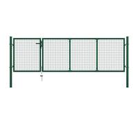 vidaXL Puerta Valla Metálica Jardín Acero Anticorrosión Verja Llave Cerradura 4 Paneles Rejilla + 2 Postes Integrados Vallado Cercado Verde 350x100 cm