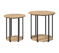 vidaXL Artisan Round End Table - Mesa de roble con estante integrado, resistente material de madera y metal, elegante mobiliario de acento para el salón, mesa de café, ahorro de espacio, decoración