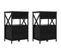 vidaXL Set de 2 mesitas de Noche de Madera de Roble Negro y Acero. Miden 40 x 31 x 60 cm. Tienen un diseño Moderno y cuentan con estación de Carga, un cajón, un Estante y Espacio de Almacenamiento. S