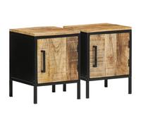 vidaXL Set de mesitas de noche de 2, marrón y negro, de madera maciza de mango, metal, tamaño estándar, estilo rústico, acabado mate, para uso en interiores, con almacenamiento necesario, patas de hie