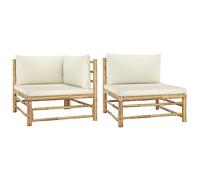vidaXL Set de Muebles de Jardín 2 Piezas Bambú y Cojines Mobiliario Exterior Terraza Balcón Hogar Cocina Mesa Silla Asiento Blanco Crema
