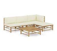 vidaXL Set de Muebles de Jardín 5 Piezas Mobiliario Exterior Terraza Hogar Cocina Mesa Silla Asiento Suave con Respaldo Bambú y Cojines Blanco Crema