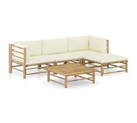 vidaXL Set de Muebles de Jardín 5 Piezas Mobiliario Hogar Terraza Exterior Cocina Mesa Silla Asiento Suave con Respaldo Bambú y Cojines Blanco Crema