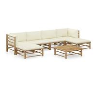 vidaXL Set de Muebles de Jardín 7 Piezas Mobiliario Terraza Hogar Cocina Exterior Mesa Silla Asiento Suave con Respaldo Bambú y Cojines Blanco Crema
