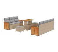 vidaXL Set de sofá de jardín de 10 Piezas con Cojines Beige de Rattan, poliéster y Madera de Acacia. Muebles de Exterior para 6 Personas. Diseño Modular, colección de Asientos de Patio, Elegante. Mon