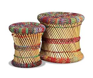 vidaXL Set Taburetes 2 Pzas Bambú Chindi Multicolor Banco Silla Asiento Mueble