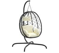vidaXL Silla Colgante Huevo Acero ratán sintético cojín Blanco Crema, Hamaca Huevo, Huevo sillón Colgante, Silla Huevo ratán, Huevo Colgante jardín