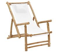 vidaXL Silla de Playa Asiento con Brazos Butaca Sillón Reclinable Jardín Patio Terraza Balcón Camping Exterior de Bambú y Lona Blanco Crema