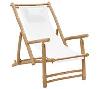 vidaXL Silla de Playa Asiento con Brazos Butaca Sillón Reclinable Jardín Patio Terraza Balcón Camping Exterior de Bambú y Lona Blanco Crema