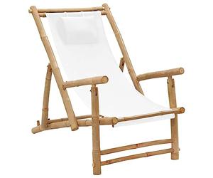 vidaXL Silla de Playa Asiento con Brazos Butaca Sillón Reclinable Jardín Patio Terraza Balcón Camping Exterior de Bambú y Lona Blanco Crema