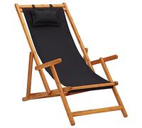 vidaXL Silla de Playa Plegable Asiento Reclinable Piscina Camping Hamaca Tumbona Jardín Patio Balcón Tela Negra Madera Maciza de Eucalipto
