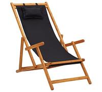vidaXL Silla de Playa Plegable Asiento Reclinable Piscina Camping Hamaca Tumbona Jardín Patio Balcón Tela Negra Madera Maciza de Eucalipto