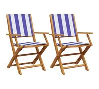 vidaXL Sillas de jardín 2 uds Madera Maciza Acacia y Tela Azul Blanco, Asiento de jardín, Asientos al Aire Libre, Silla Plegable, Asientos de jardín