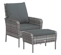 vidaXL Sillón de jardín con reposapiés y cojín, respaldo y estructura de acero, polirratán gris