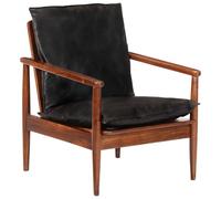 vidaXL Sillón Madera Maciza Acacia y Cuero auténtico Negro, sillón de Cuero, sillón Vintage, sillón de salón, sillón cómodo, sillón Retro