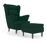 vidaXL Sillón orejero y Taburete de Terciopelo Verde Oscuro