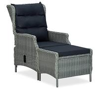 vidaXL Sillón Reclinable de Jardín con Reposapiés Silla Asiento Patio Terraza Balcón Reposabrazos Grueso Alcochado Cómoda Suave Ratán PE Gris Claro